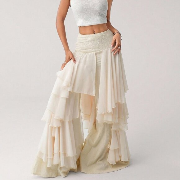 Beige Asymmetrical Party Women's Chiffon Ruffle Patchwork Loose Hem Pants - Picture 5 of 6